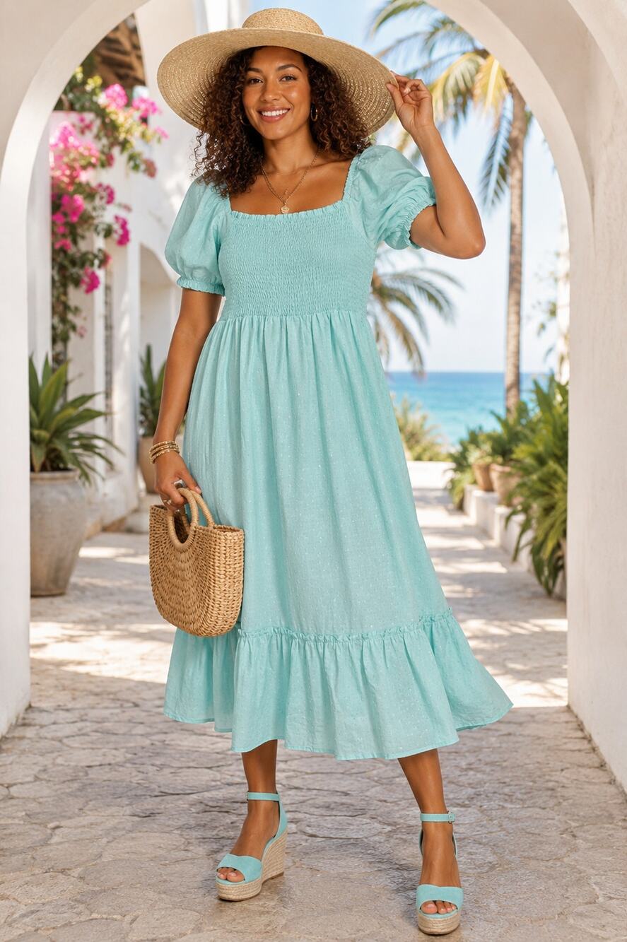 PLACE Boutique Women’s Large Mint Tea Swiss Dot Smocked Puff Sleeve Midi Dress